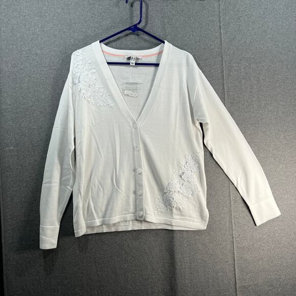 Isaac Mizrahi Live! Button Front Sweater Cardigan w/Lace Bright White, Small - Picture 1 of 13